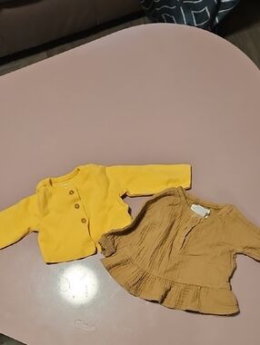 Bright Yellow Baby Cardigan & Tan Ruffle Top Set